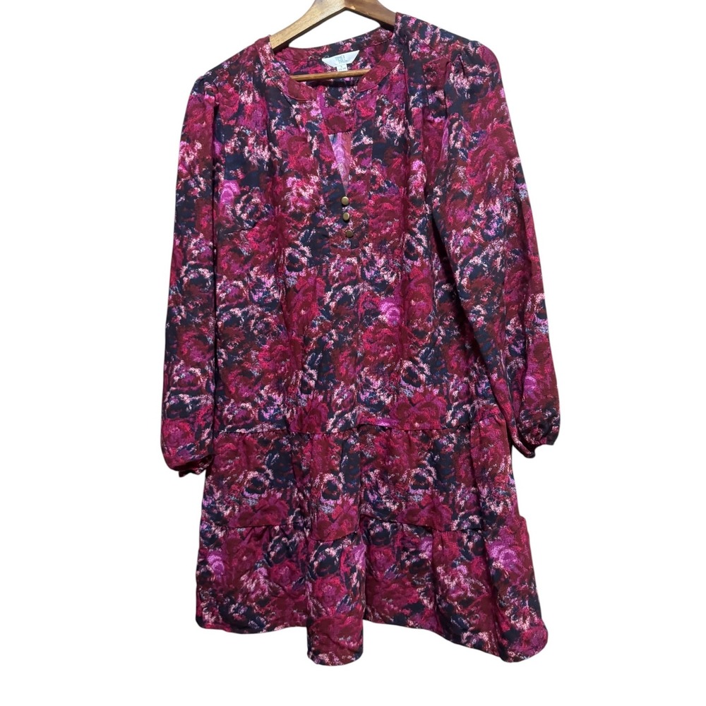 Time and Tru Mini Dress Women L 12-14 Pink Purple Excellent Floral Tiered Henley